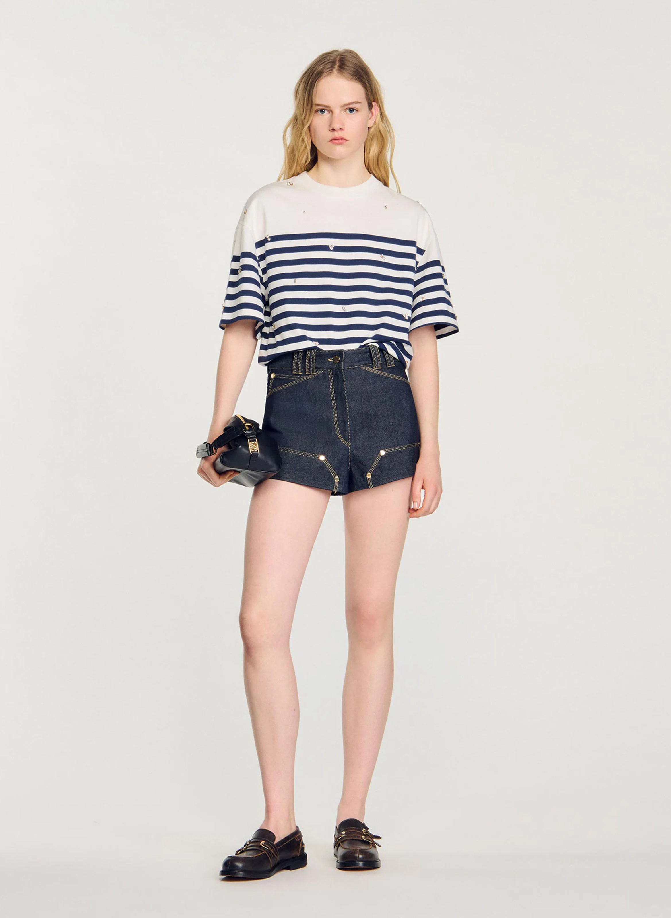 Tee-shirt rayé strass en coton| Bleu
