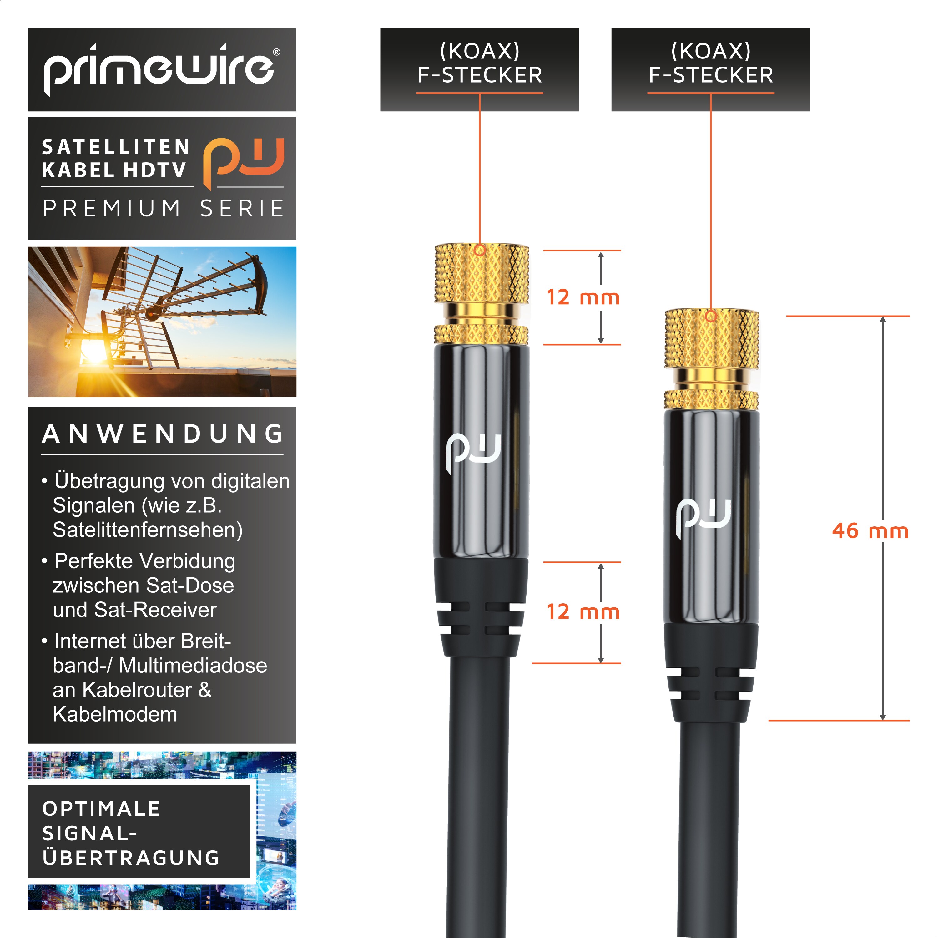 Primewire SAT-Kabel, Koax, F-Stecker, Premium HDTV SAT Koaxialkabel, 4fach Schirmung, 135dB, 75 Ohm - 12,5m