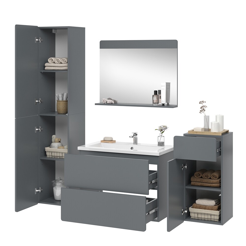 Vicco Badmöbel-Set Izan Grau modern Waschtischunterschrank Waschbecken Badspiegel Midischrank Hochschrank