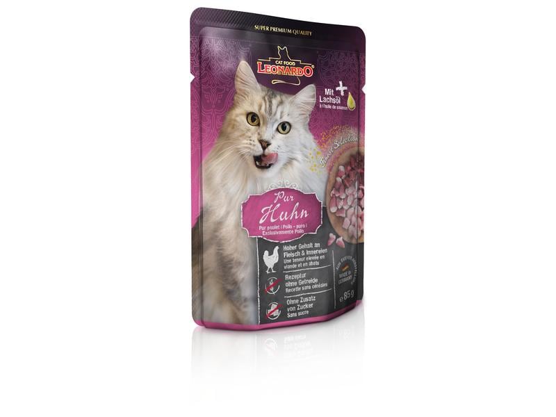 Leonardo Cat Food Nassfutter Huhn Pur, 16 x 85 g Alleinfutter für ausgewachsene Katzen