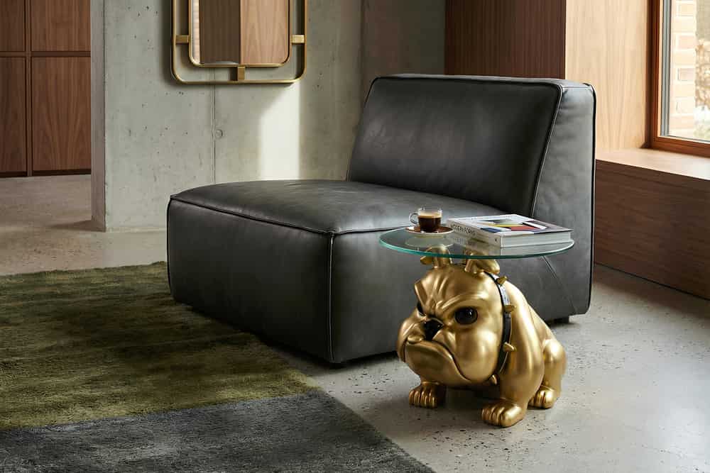 Extravaganter Couchtisch BULLDOG 55cm gold rund Hunde-Skulptur mit Glasplatte