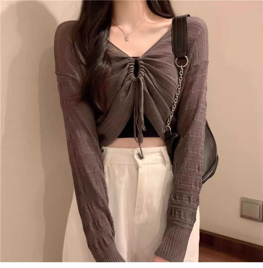 SUGARUS - V-hals effen geplooide crop top met trekkoord / effen camisole
