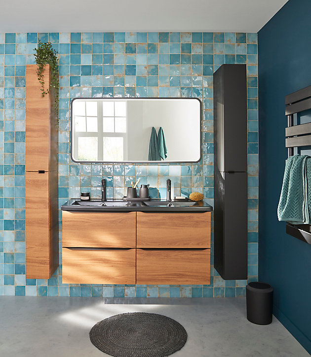 Meuble de rangement salle de bains faible largeur GoodHome Imandra décor noyer L. 20 x H. 90 x P. 36 cm