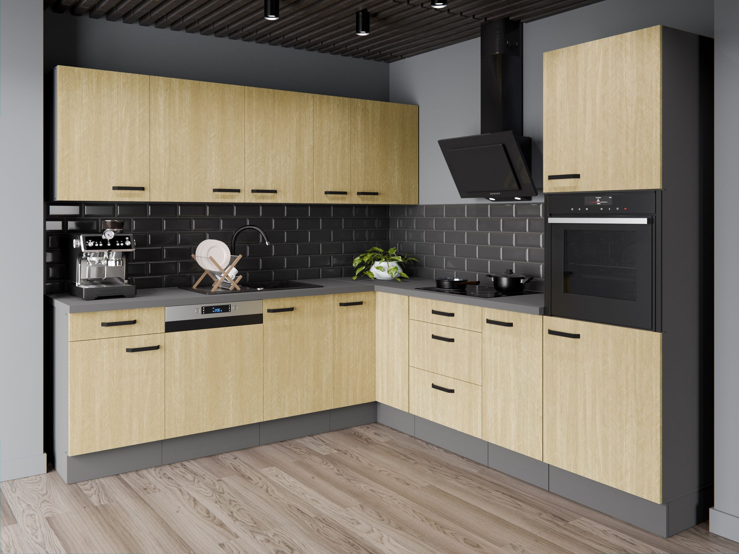 Winkelküche SCANDI 250x250 cm Fischgrät Optik Küchenzeile Einbauküche Eckküche