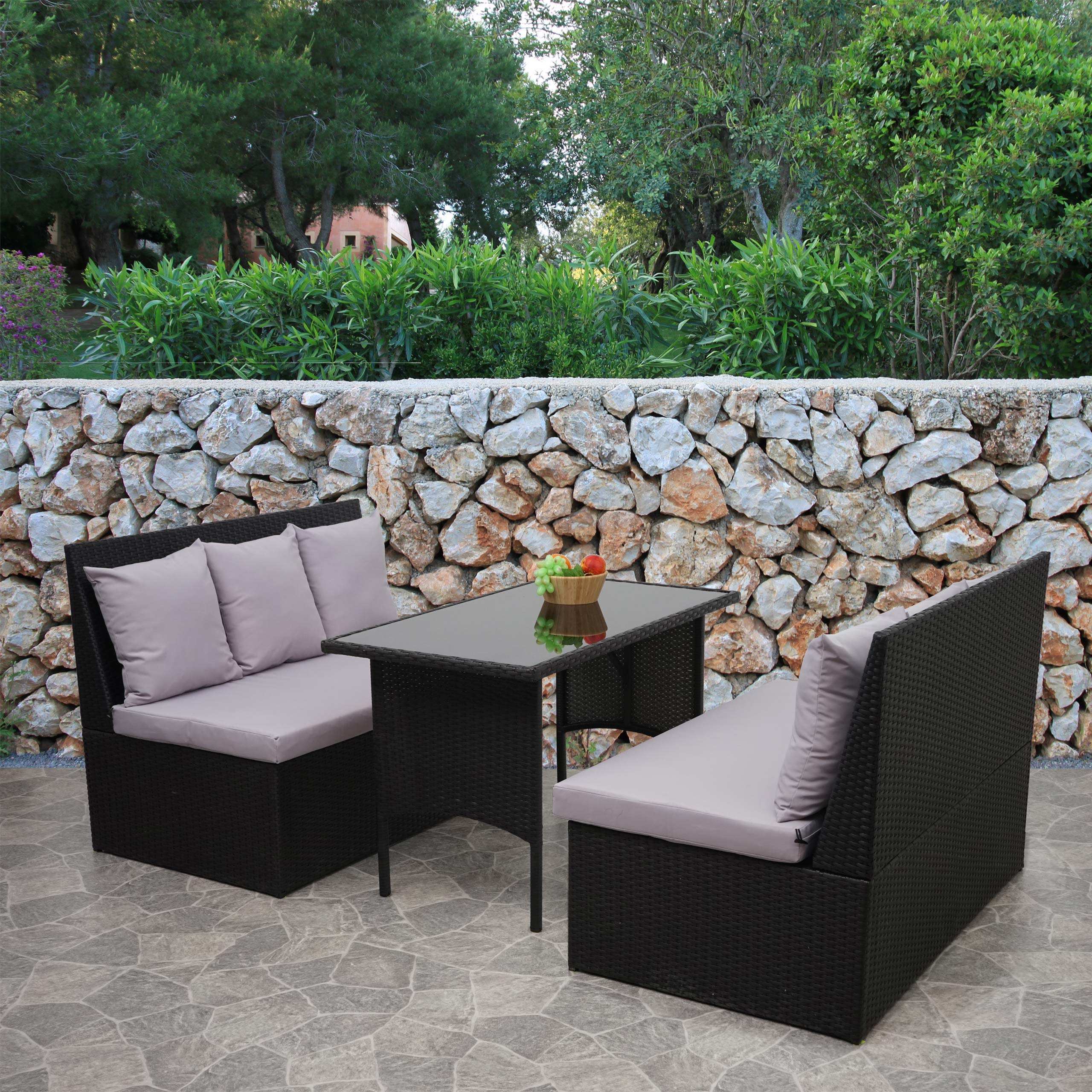 Poly-Rattan Garnitur MCW-G16, Garten-/Lounge-Set Sitzgruppe, Gastronomie 2x2er Sofa Tisch ~ schwarz, Kissen hellgrau