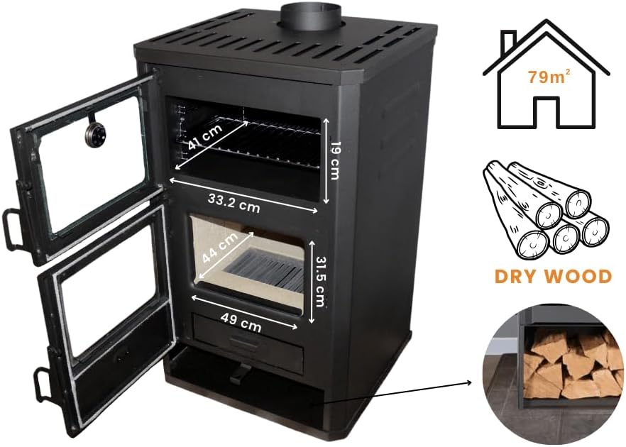 Prity FG D Kaminofen Holz 14,2 kW mit Backofen – Küchenofen Holzherd Festbrennstoffherd – Holzofen zum Kochen & Heizen – BImSchV Stufe 2 – Ø150 mm Rauchrohranschluss