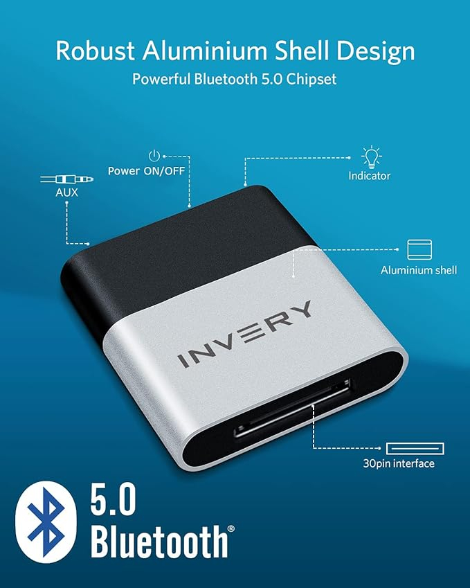 DockLinQ Bluetooth 5.0 30-Pin Adapter Receiver kompatibel für Bose Sounddock Musik Docking-Station - Silber