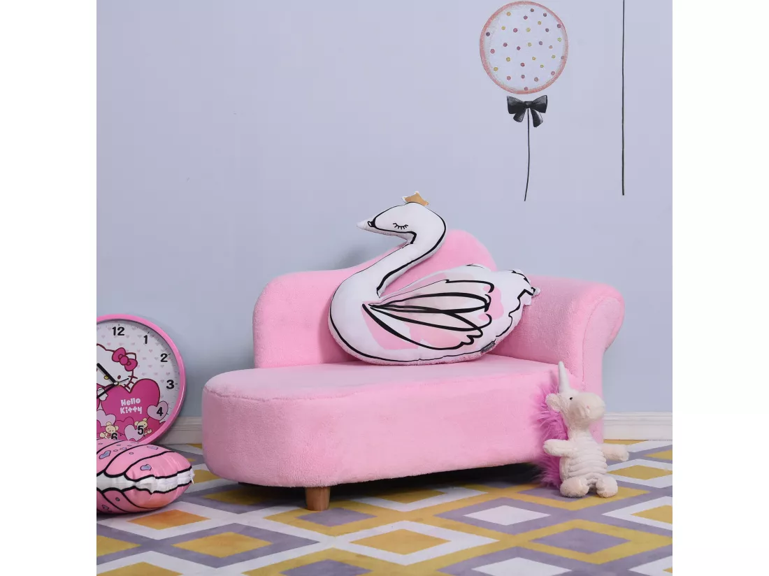 Méridienne canapé enfant design girly piètement bois revêtement grande douceur toucher velours rose