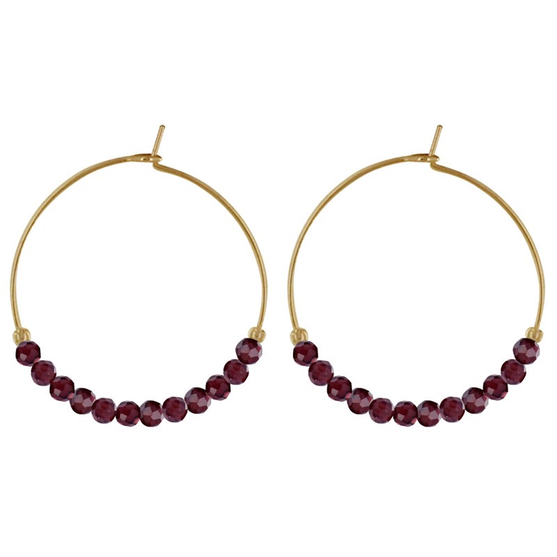 Boucles d'Oreilles Plaqué Or Créoles Perles Facettées de Grenat