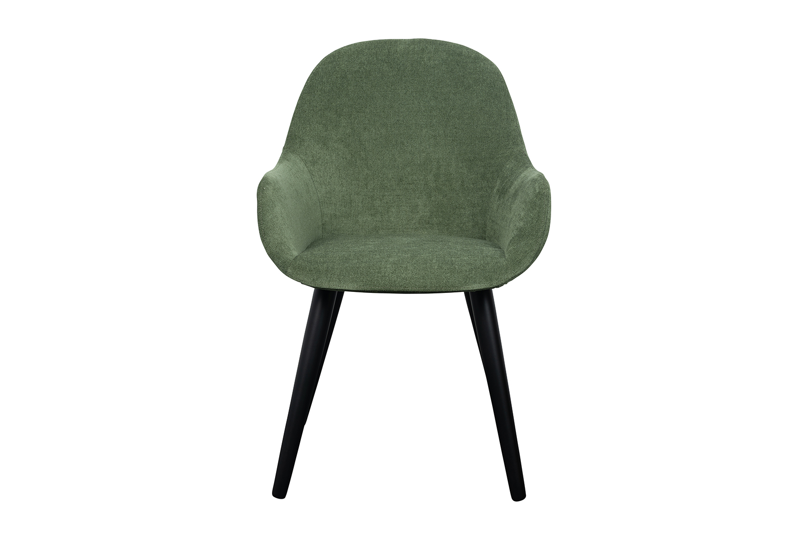 Layla spisestol I tekstil Velvety green med sorte treben og høy arm.