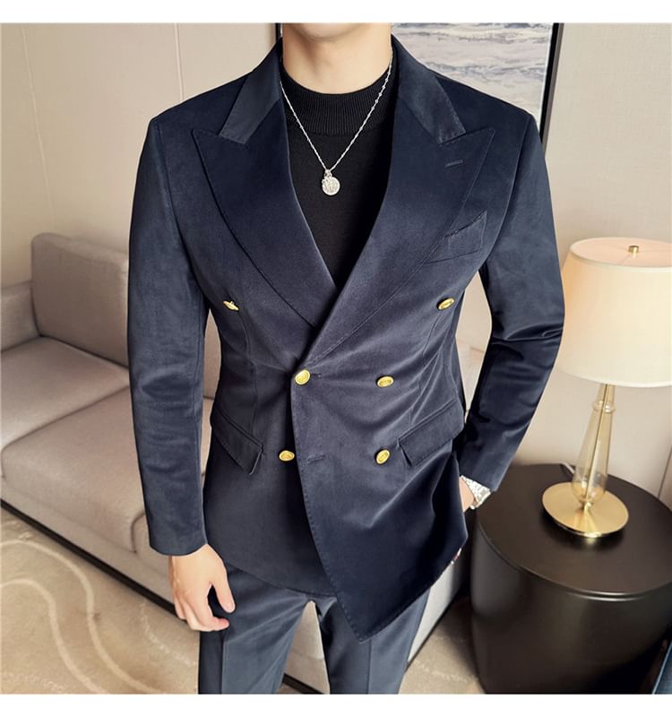 Lefitt - Set: Peak Lapel Plain Double-Breasted Blazer + High Waist Cropped Tapered Pants
