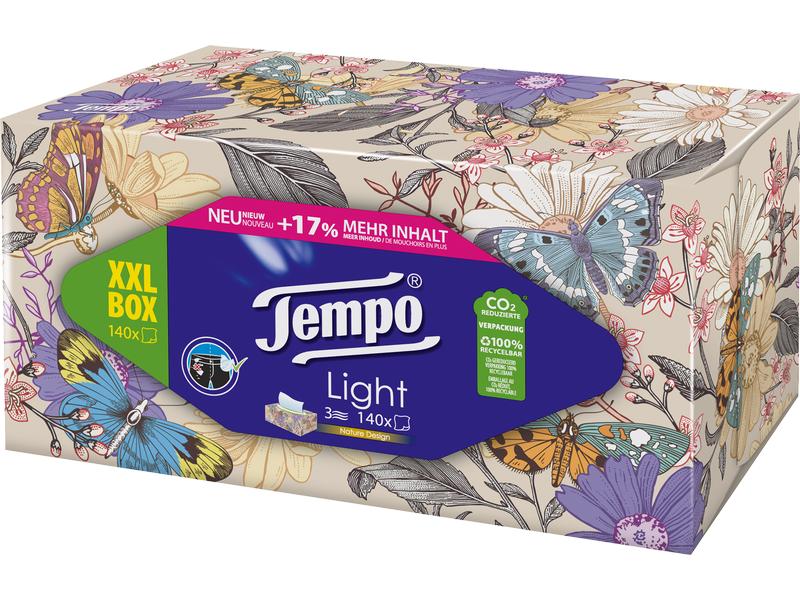 Tempo Taschentücher-Box XXL Light 3-lagig 140 Stück Waschmaschinenfeste Taschentücher fürs Haus oder Büro