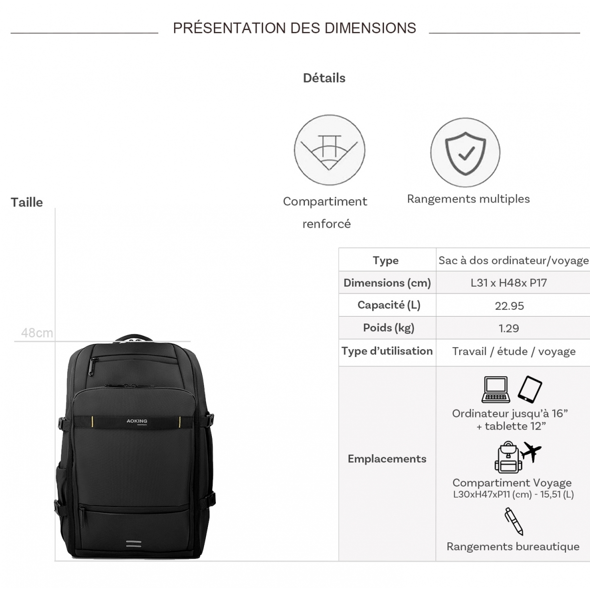 Bleucerise Sac à dos porte-ordinateur et voyage extensible Aoking Bleu Cerise 16''