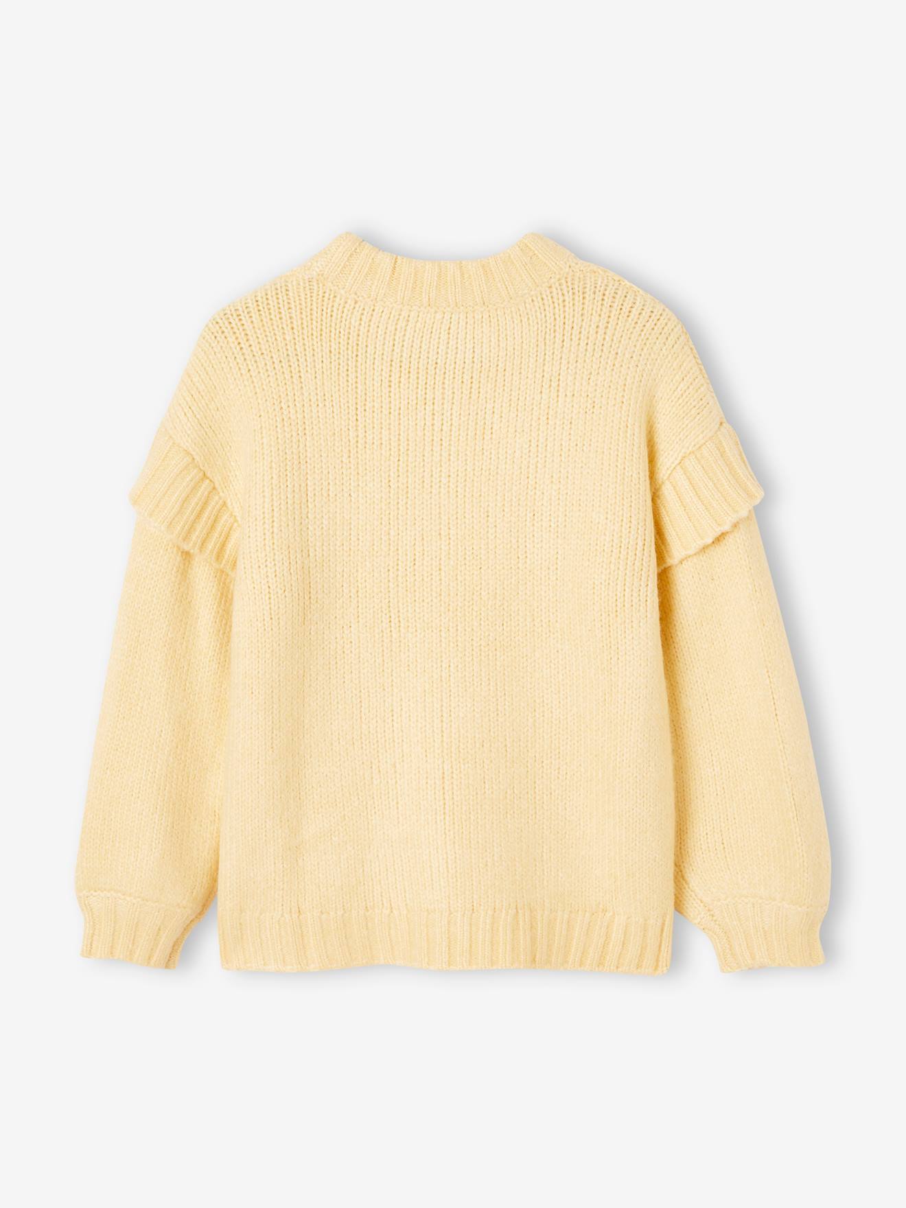 Suéter amarelo liso, liso, de tricô com babados, tamanho médio, para menina.