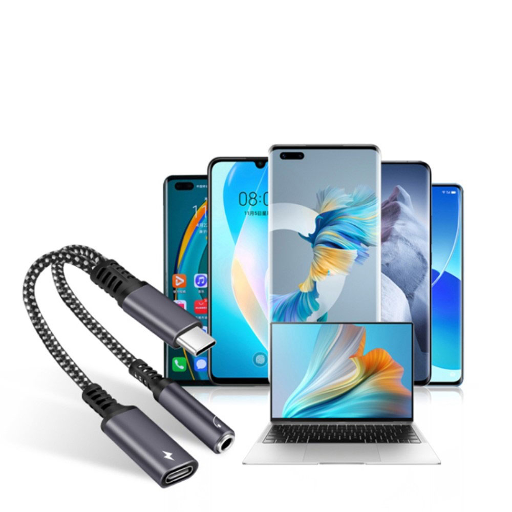(10cm) USB C auf 3.5mm Kopfhöreranschluss und USB C Port Nylon Kabel mit Power Delivery (60W) - Schwarz