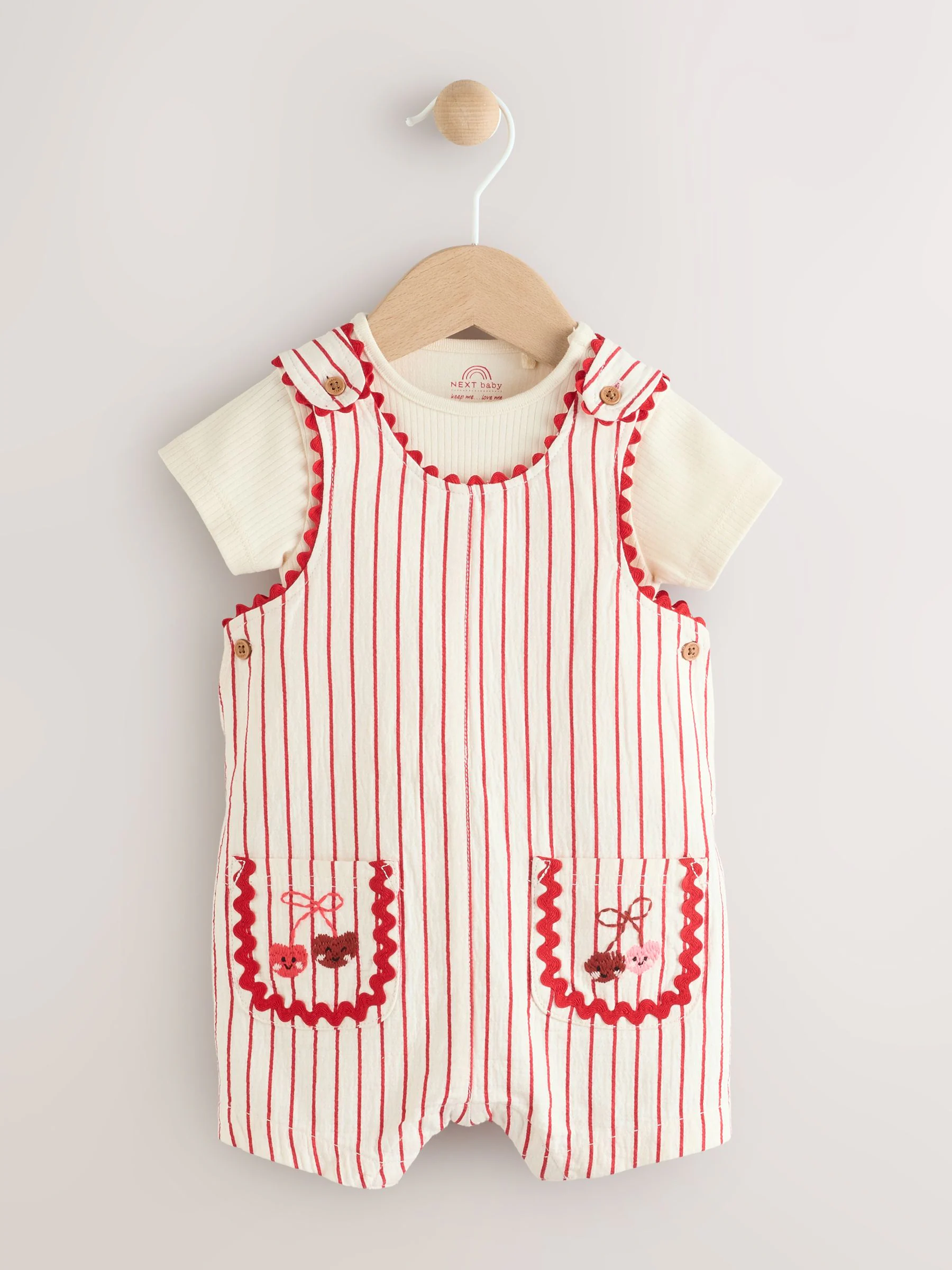 Kersrode streep - Babyset van rompertje met korte mouwen en bretelbroek (0mnd -2jr)