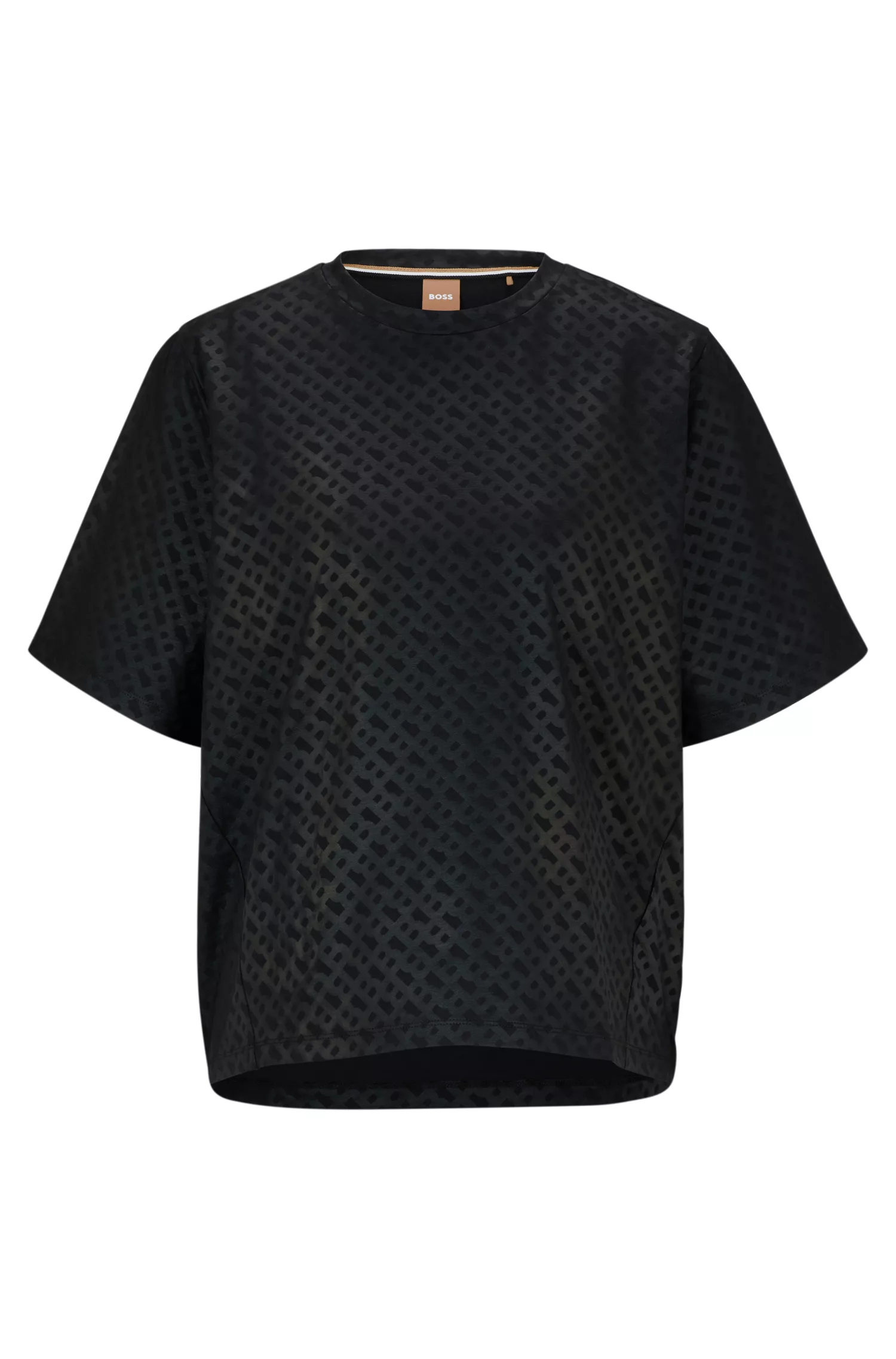 Camiseta BOSS preta de modelagem oversized em algodão stretch com monograma.