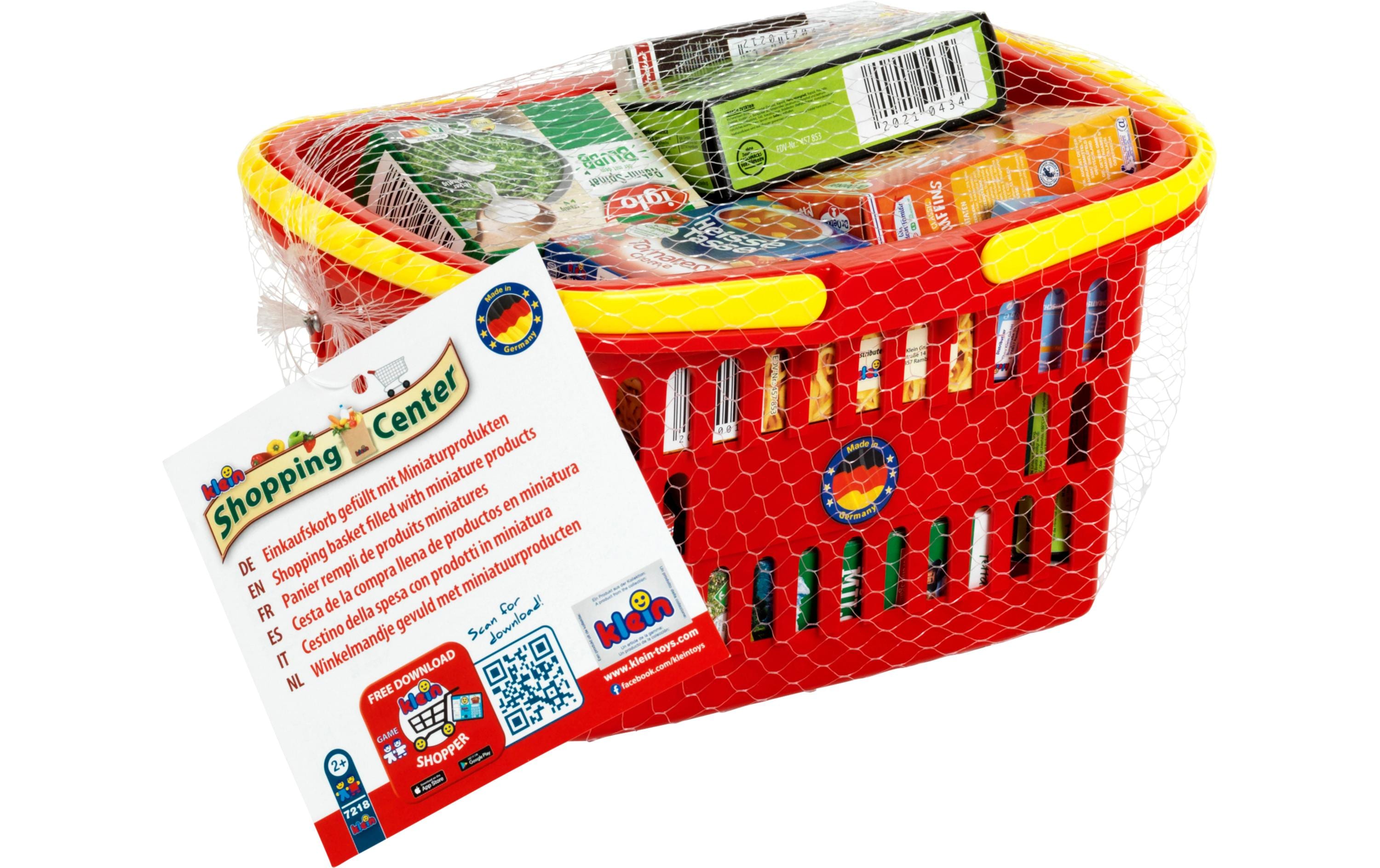 Spiel-Lebensmittel Einkaufskorb, gefülltRobuster Korb mit Miniaturprodukten