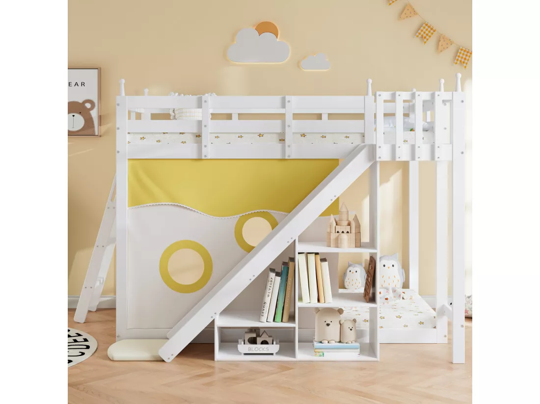 Lit superposé pour enfants avec escalier et barrière, rideaux de lit, toboggan et étagère, blanc (90x200 cm)