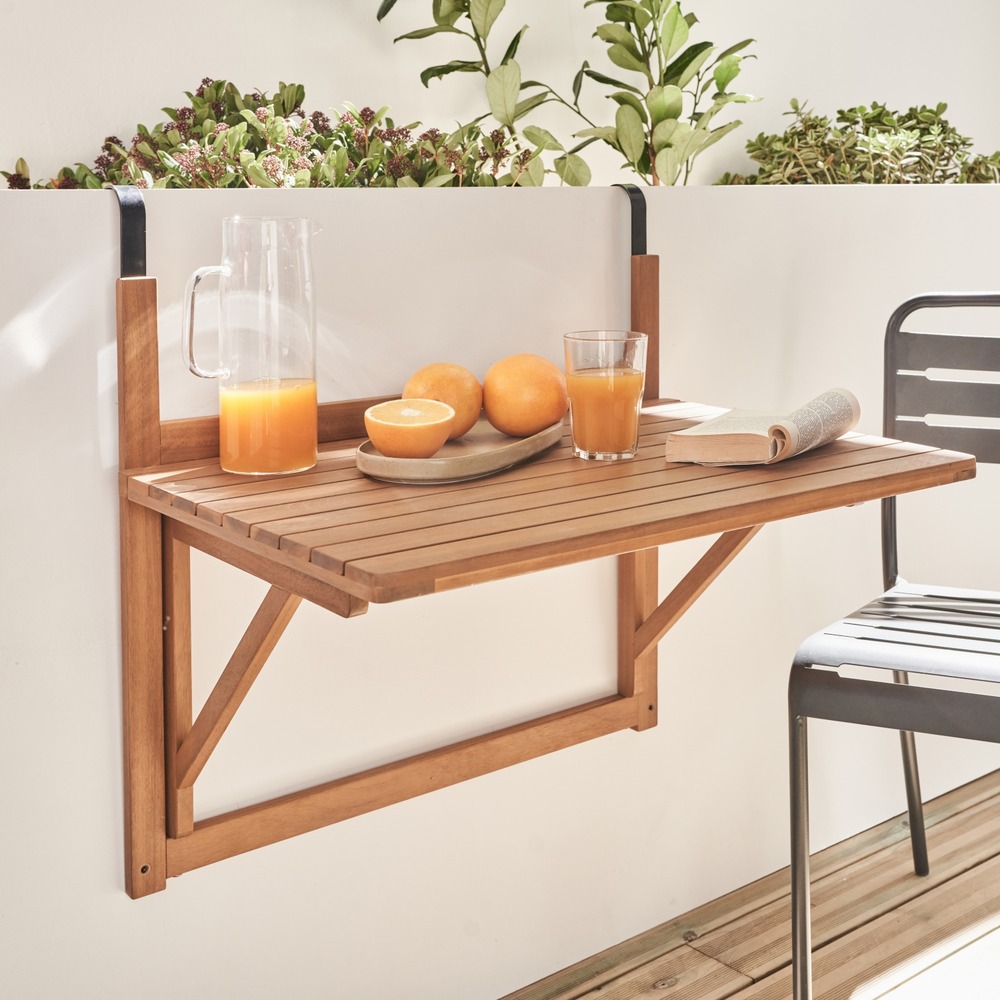 Table d'appoint en bois pour balcon. Rectangulaire. Rabattable. Hauteur ajustable
