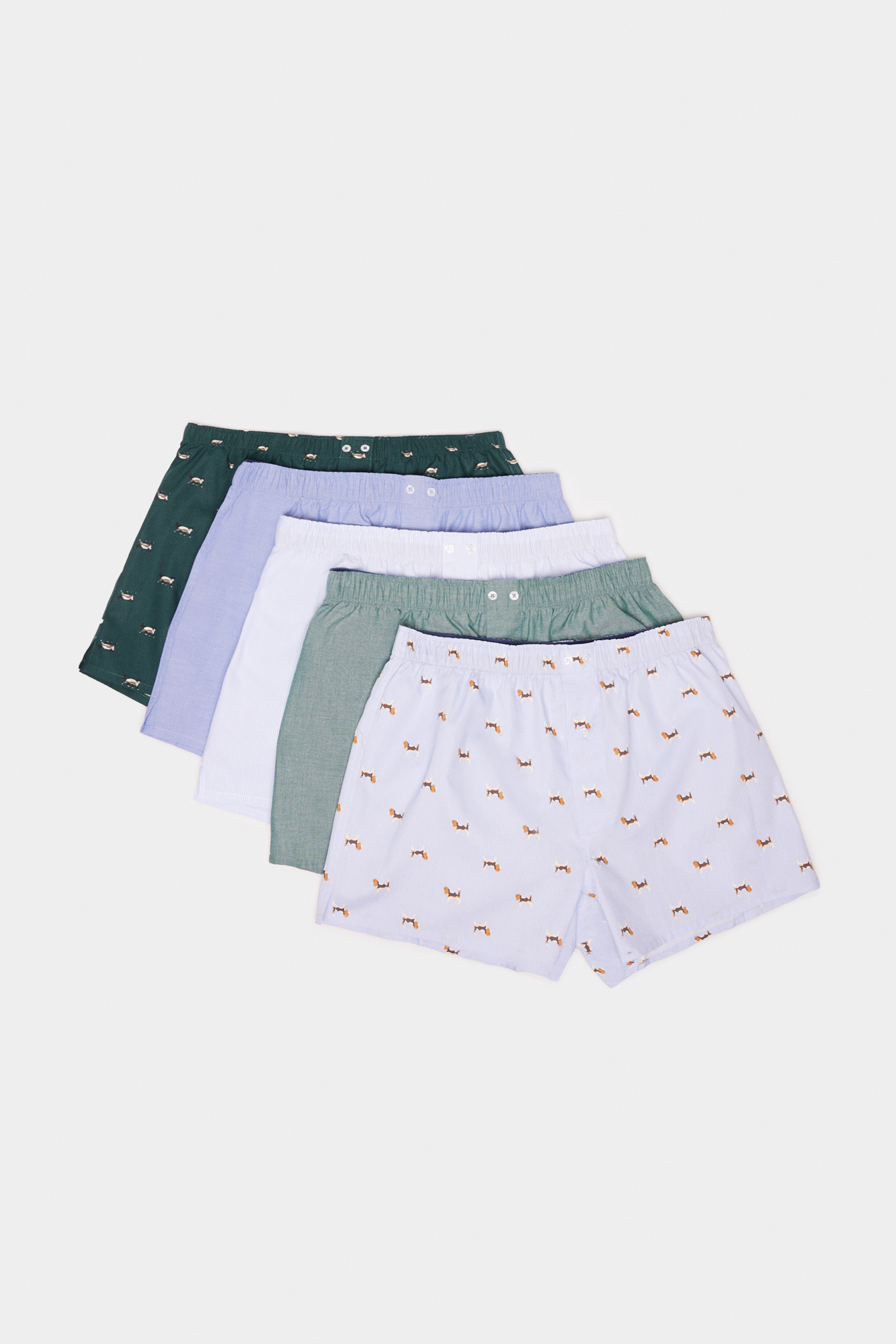 Pacote com 5 cuecas de algodão popeline para cães e gatos.