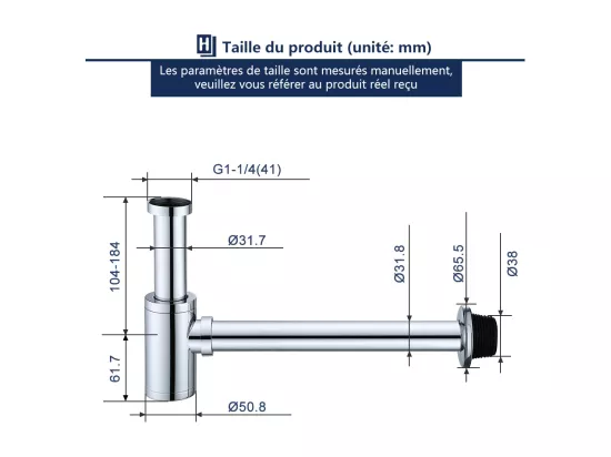 Siphon de Lavabo en Acier Inox Siphon pour vasque et lavabo hauteur réglable Set de Siphon G1-1-4