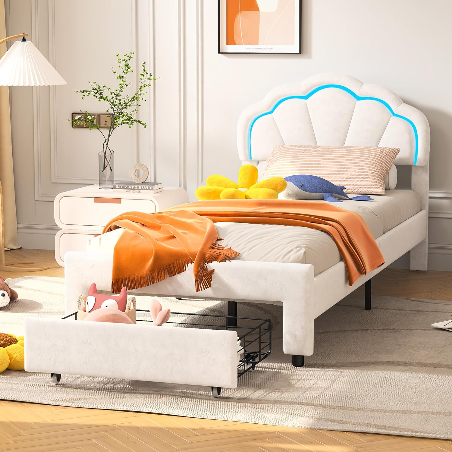 Einzelbett Kinderbett 90x200cm, Polsterbett mit LED-Beleuchtung & Schubladen, Prinzessinnenbett Mädchenbett mit Blumenkopfteil, Samtstoff, Weiß,Ohne Matratze(Beige-Blumen+LED)