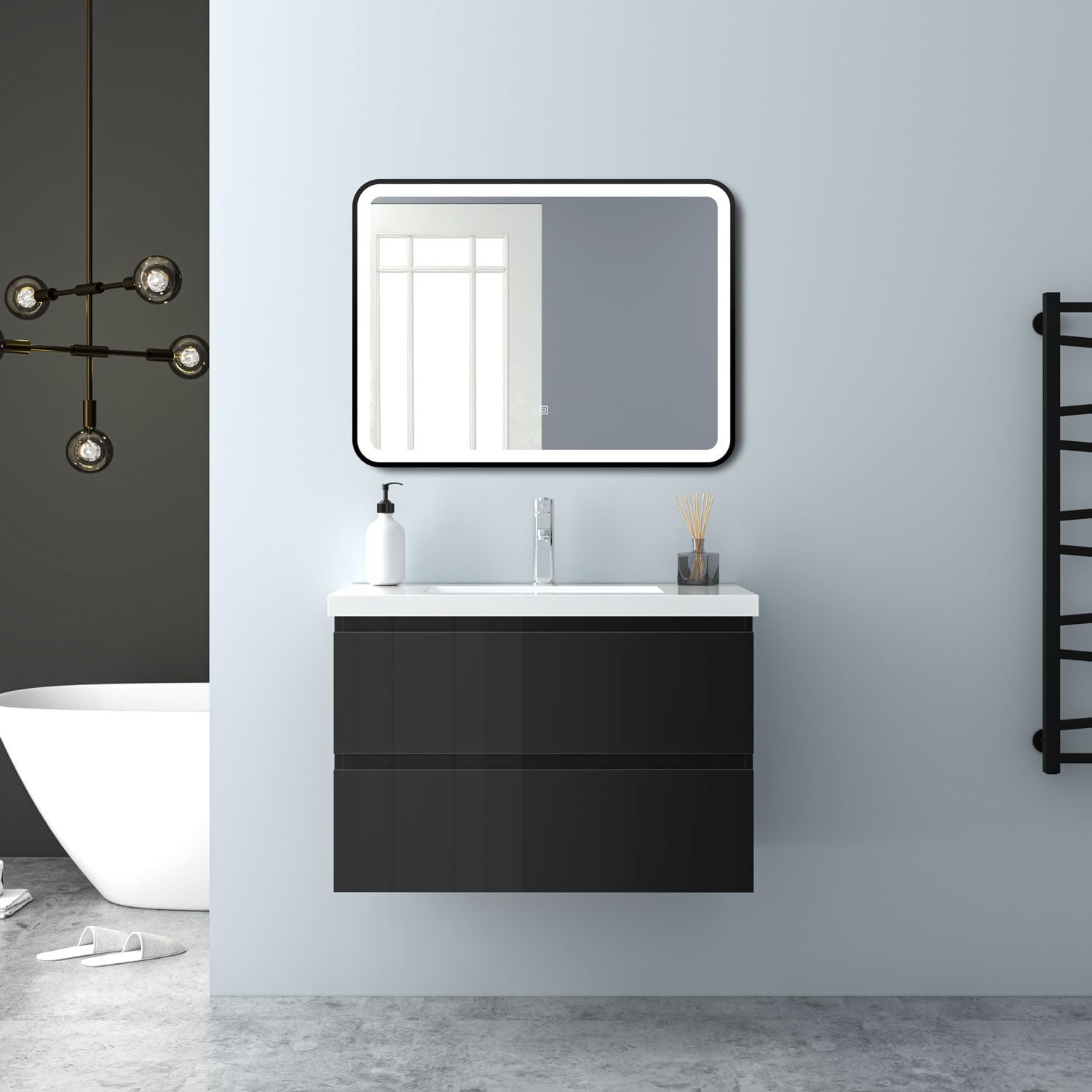 Badezimmermöbel 80cm Mineralguss Waschtisch mit Unterschrank Badmöbel Set Badezimmerschränke mit 2 Soft-Close Schubladen Hochglanz Schwarz