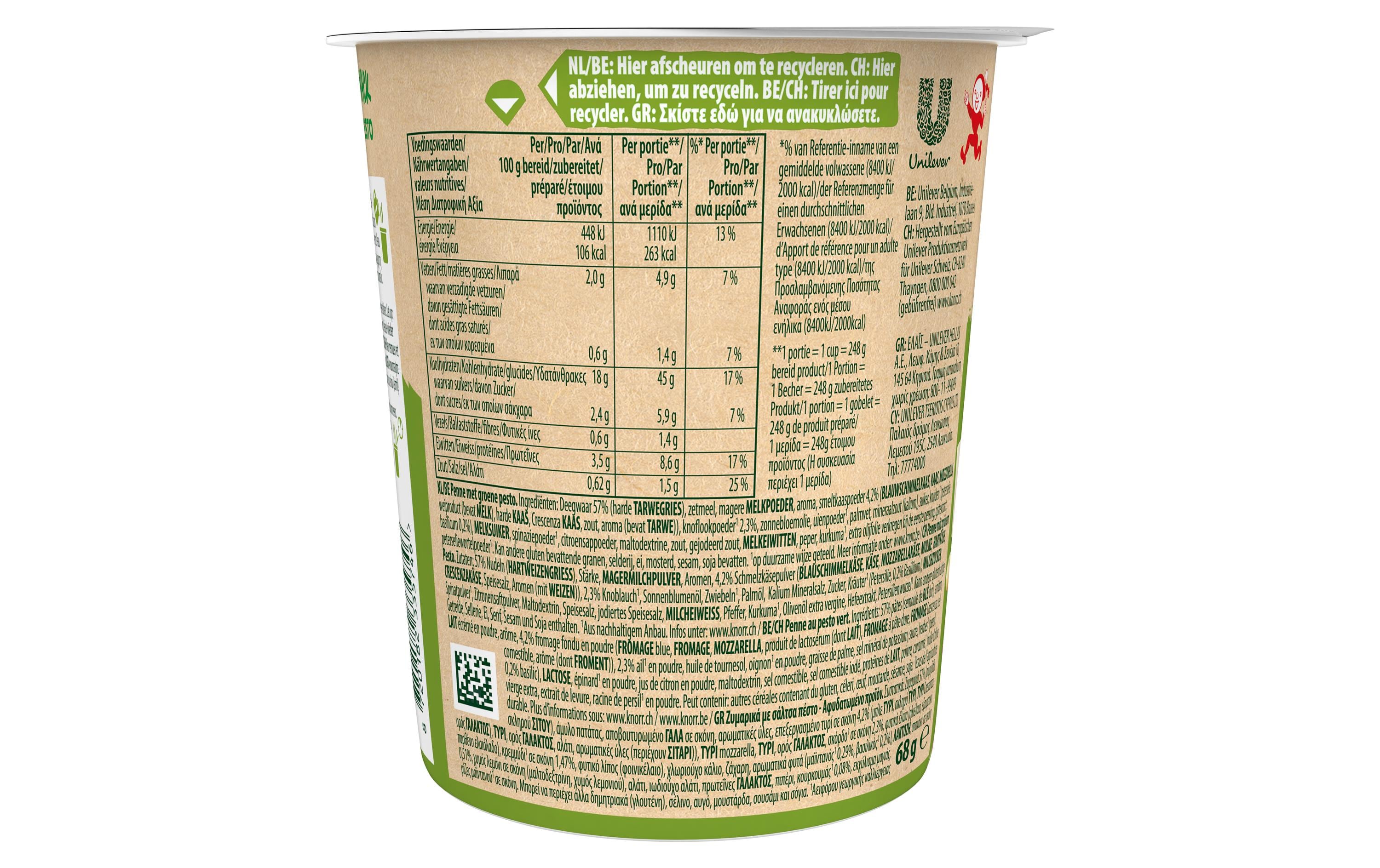 Fertiggericht Pasta Snack Creamy Pesto 68 gFertiggericht mit Teigwaren in grüner Pesto-Sauce