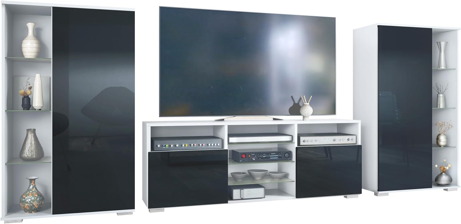 Vladon Wohnwand Davos, Anbauwand bestehend aus 2 Vitrinen und 1 TV-Board, Weiß matt/Schwarz Hochglanz (329 x 134 x 35 cm)