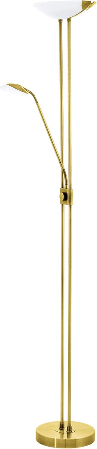 EGLO LED Stehlampe Baya LED, 2 flammige Stehleuchte dimmbar, Standleuchte aus Metall in Messing, Glas in Weiß, Wohnzimmerlampe, Deckenfluter mit Leselampe, warmweiß
