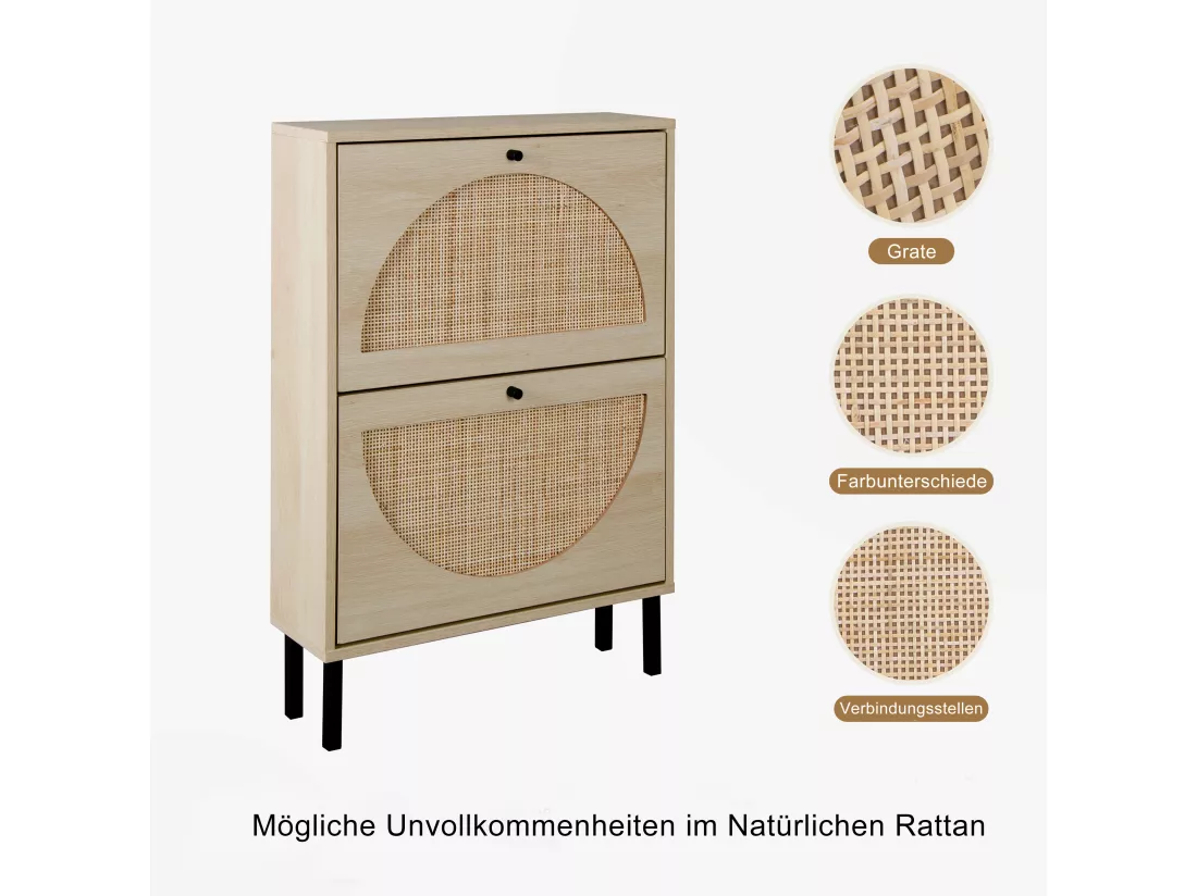 Meuble à Chaussures en Rattan Naturel, 2 Portes, Design Symétrique en Demi-Cercle, Étagères à Double Niveau, Stable et Sécurisé pour Toutes Pièces