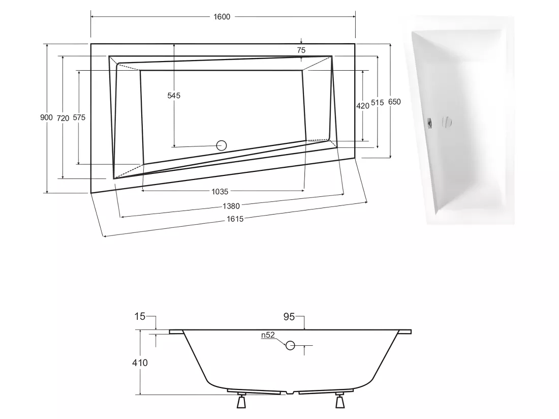 Baignoire asymétrique blanche encastrée + repose tête - INTIMA SLIM - 160 x 90 cm - gauche