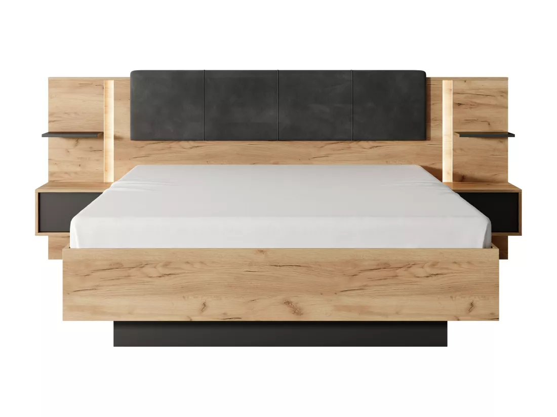 Lit coffre avec chevets 140 x 190 cm - Avec LEDs - Coloris : Naturel et anthracite + Matelas - ELYNIA