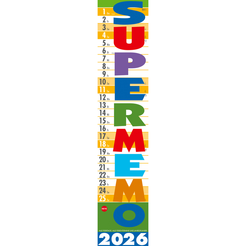 Heye Wandkalender 2026 Supermemo, 1 Monat / Seite