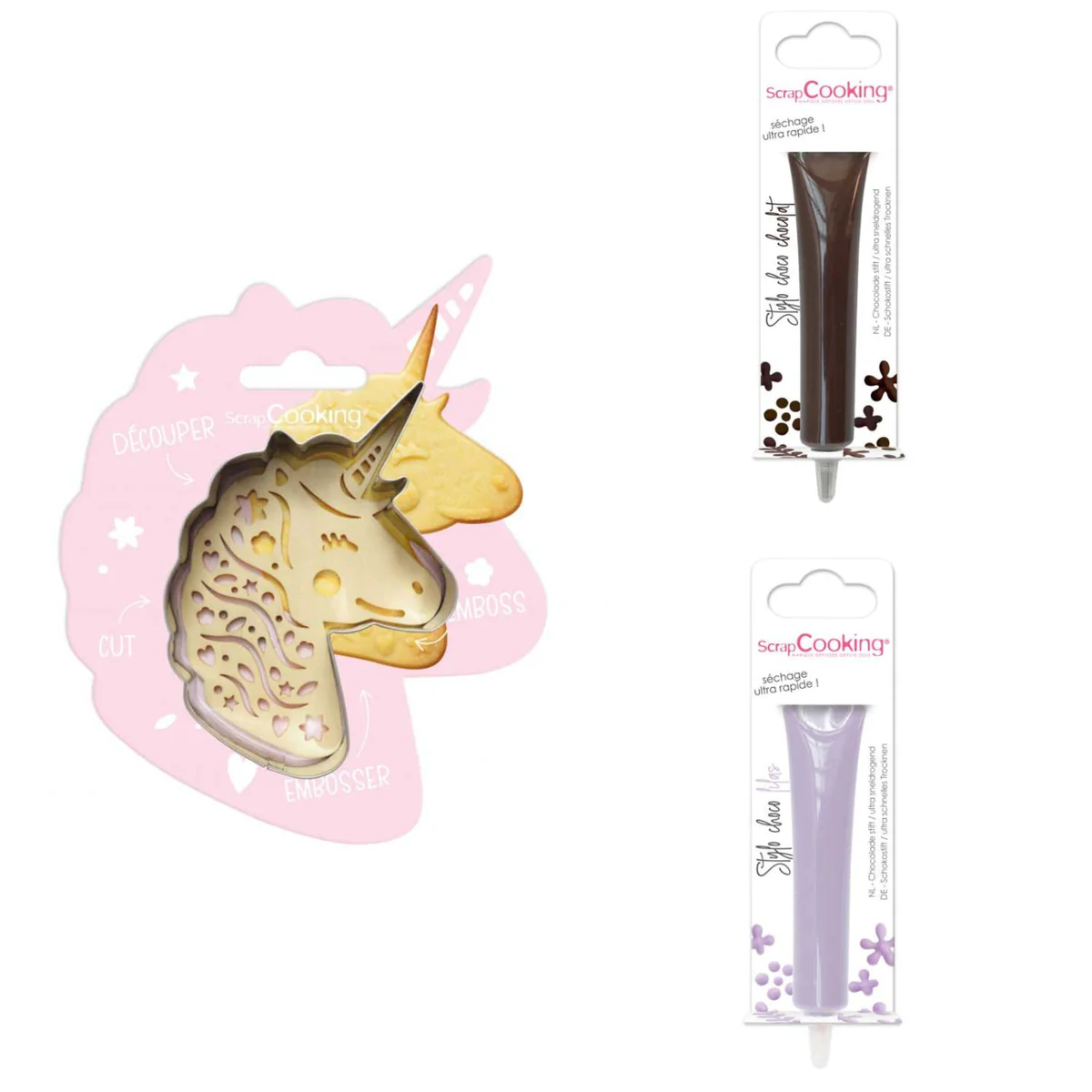 Kit pour biscuit en relief Licorne + 2 Stylos au chocolat marron et li