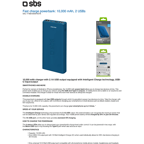 SBS powerbank 10.000 mAh - blå