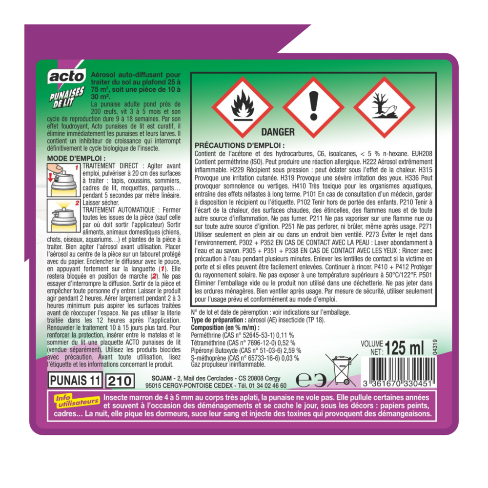 Acto punaises de lit aérosol auto-diffusant- 125ml