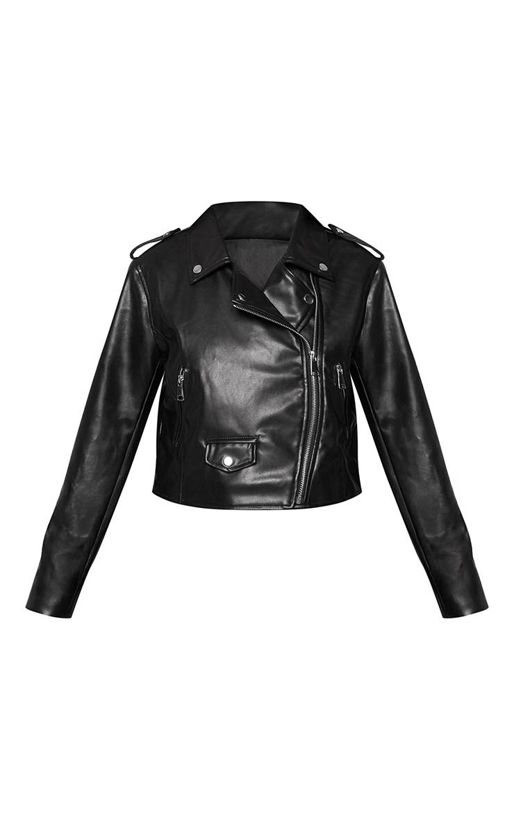 Noir Veste De Motard Basique En Synthétiquecuir Avec Détails De Poches