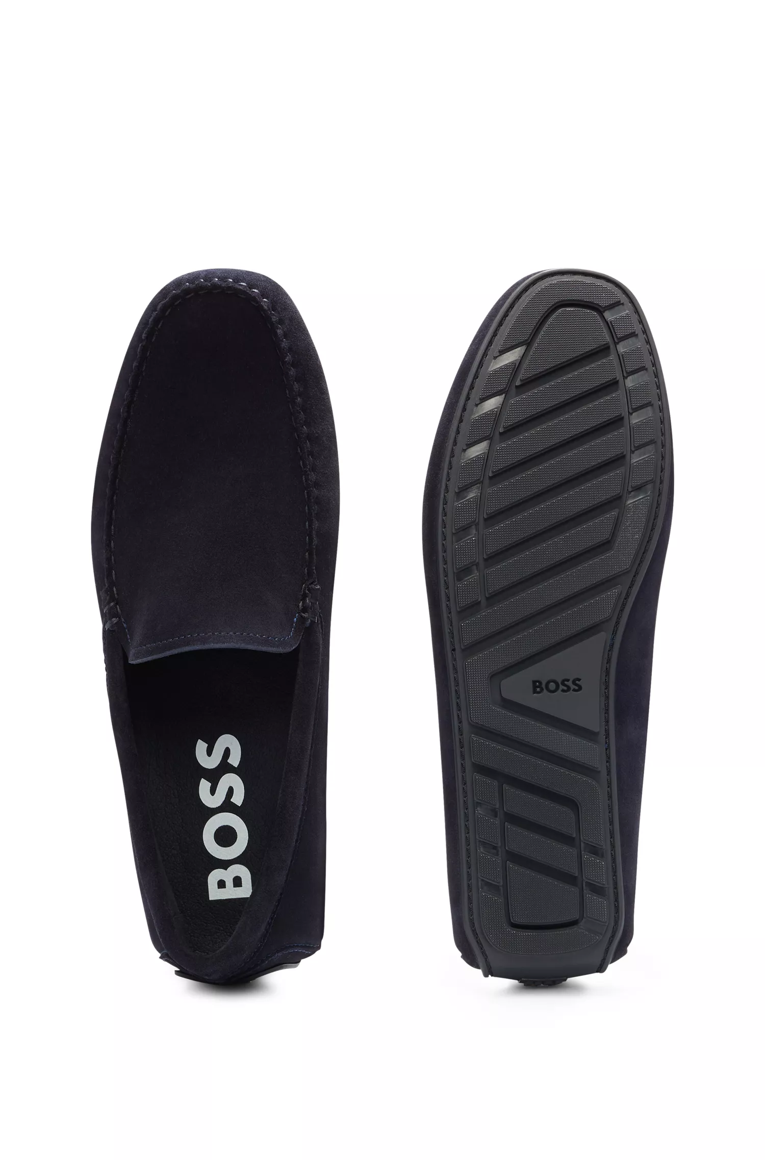 Mocassins BOSS em camurça preta com detalhes do logotipo