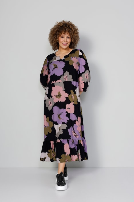 Kleid, XL Blumenmuster, Tunika-Ausschnitt, 3/4-Ärmel