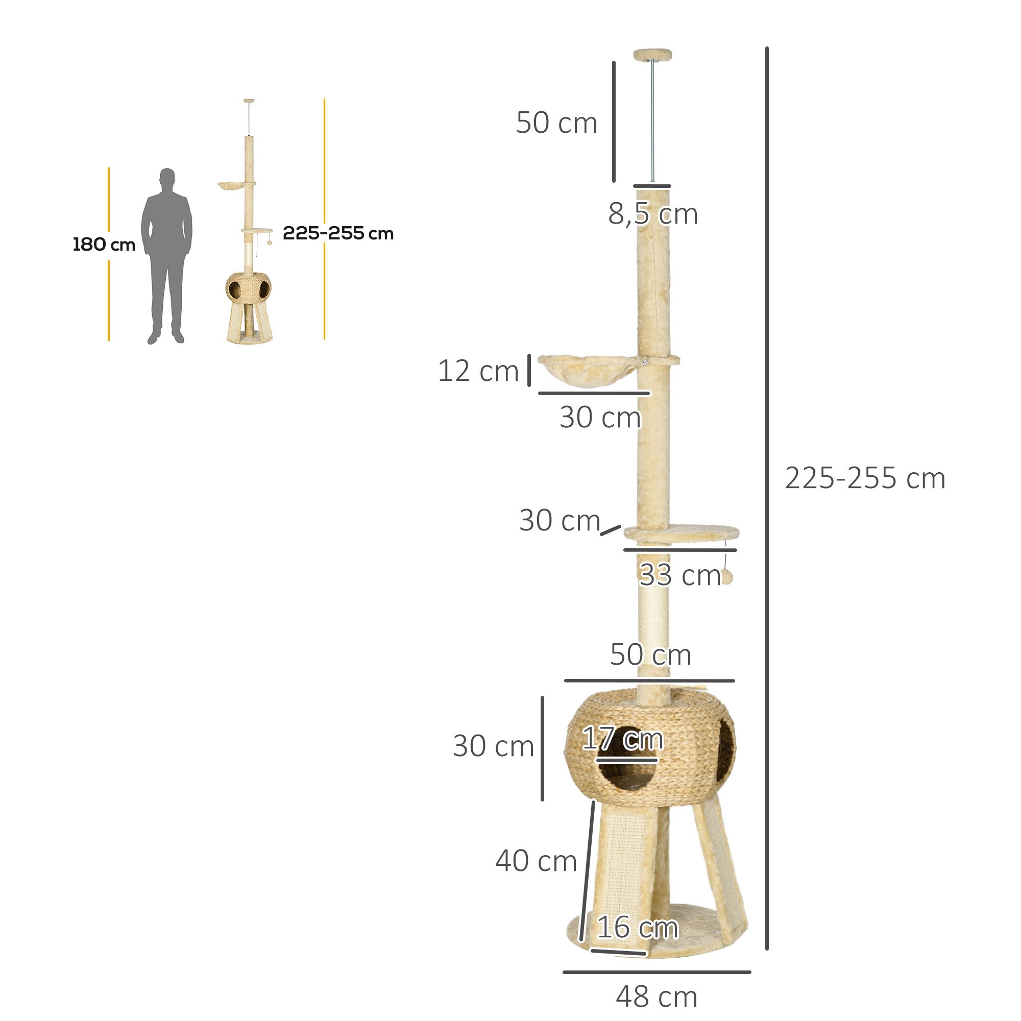 PawHut Deckenanpassbarer Kratzbaum mit Spielball beige 48L x 48B x 225-255H cm