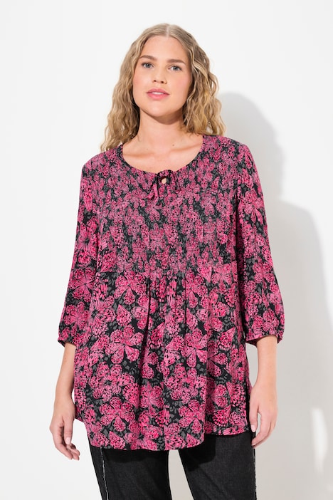 Smokbluse, floraler Druck, Rundhals, 3/4-Arm