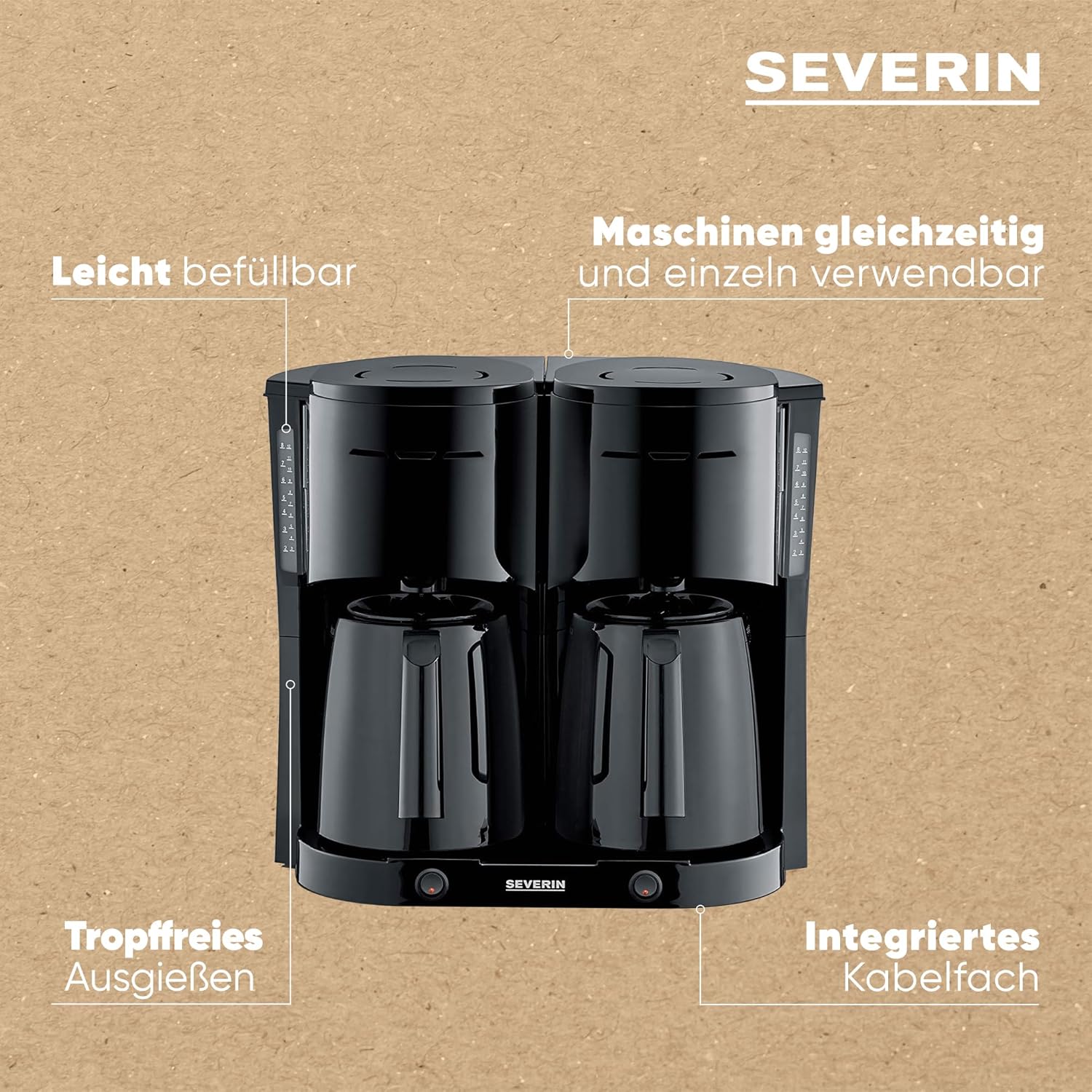 Severin Duo-Filterkaffeemaschine mit Thermokanne, Kaffeemaschine für bis zu 16 Tassen, ansprechende Filtermaschine mit 2 Isolierkannen, schwarz, KA 9315