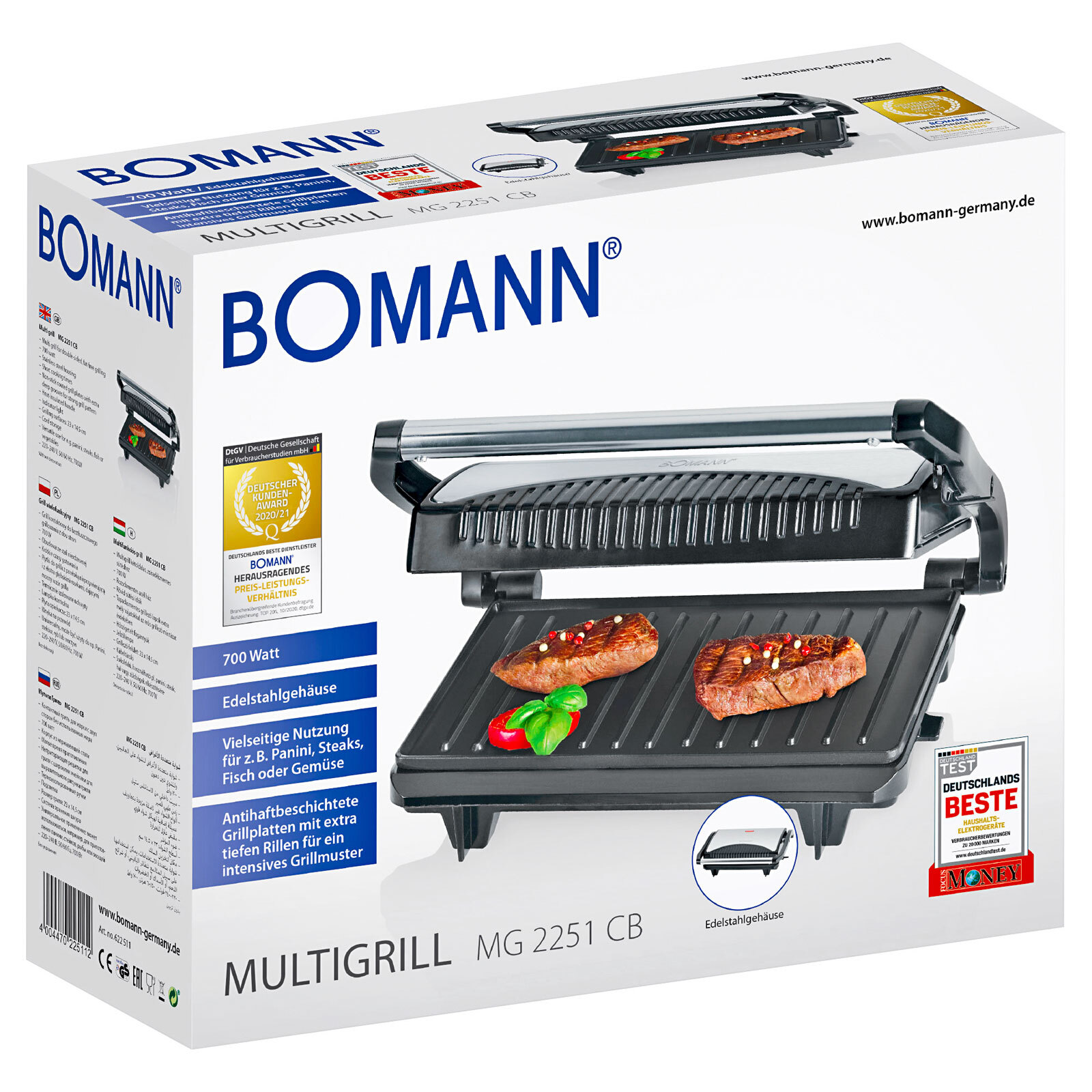 BOMANN Multigrill MG 2251 CB Edelstahlgehäuse, 700 Watt, inox-schwarz
