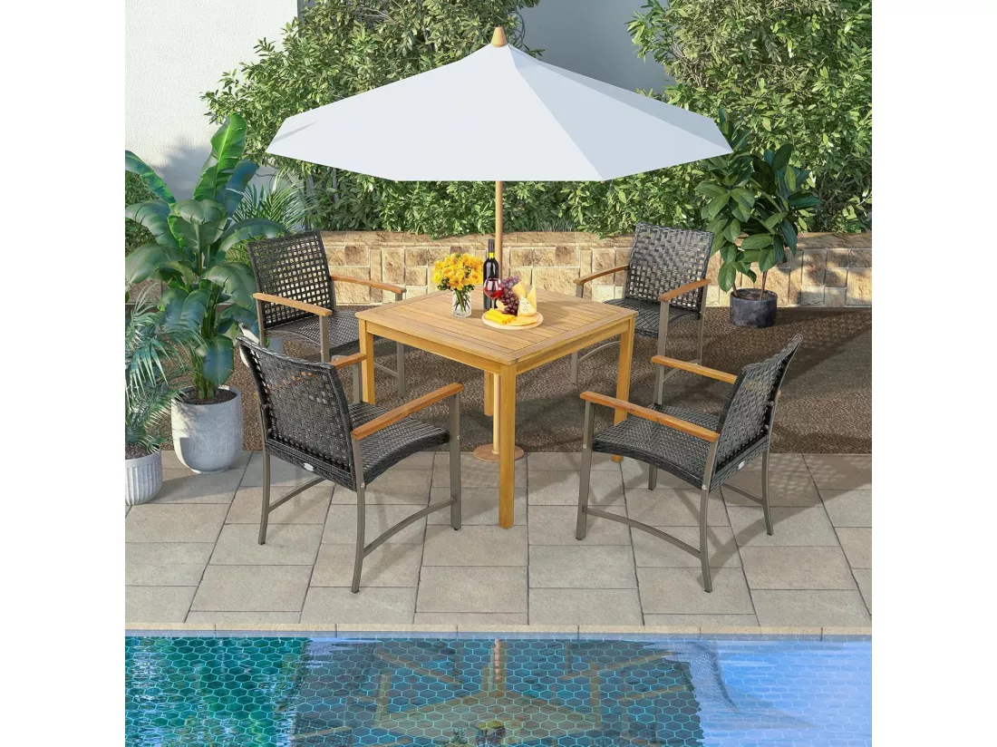 Lot de 4 Chaises de Jardin Empliables en Rotin, Fauteuil d'Extérieur avec Accoudoirs en Bois d'Acacia et Structure Métallique Robuste, pour Balcon, Cour, Bord de Piscine, Charge 180 KG