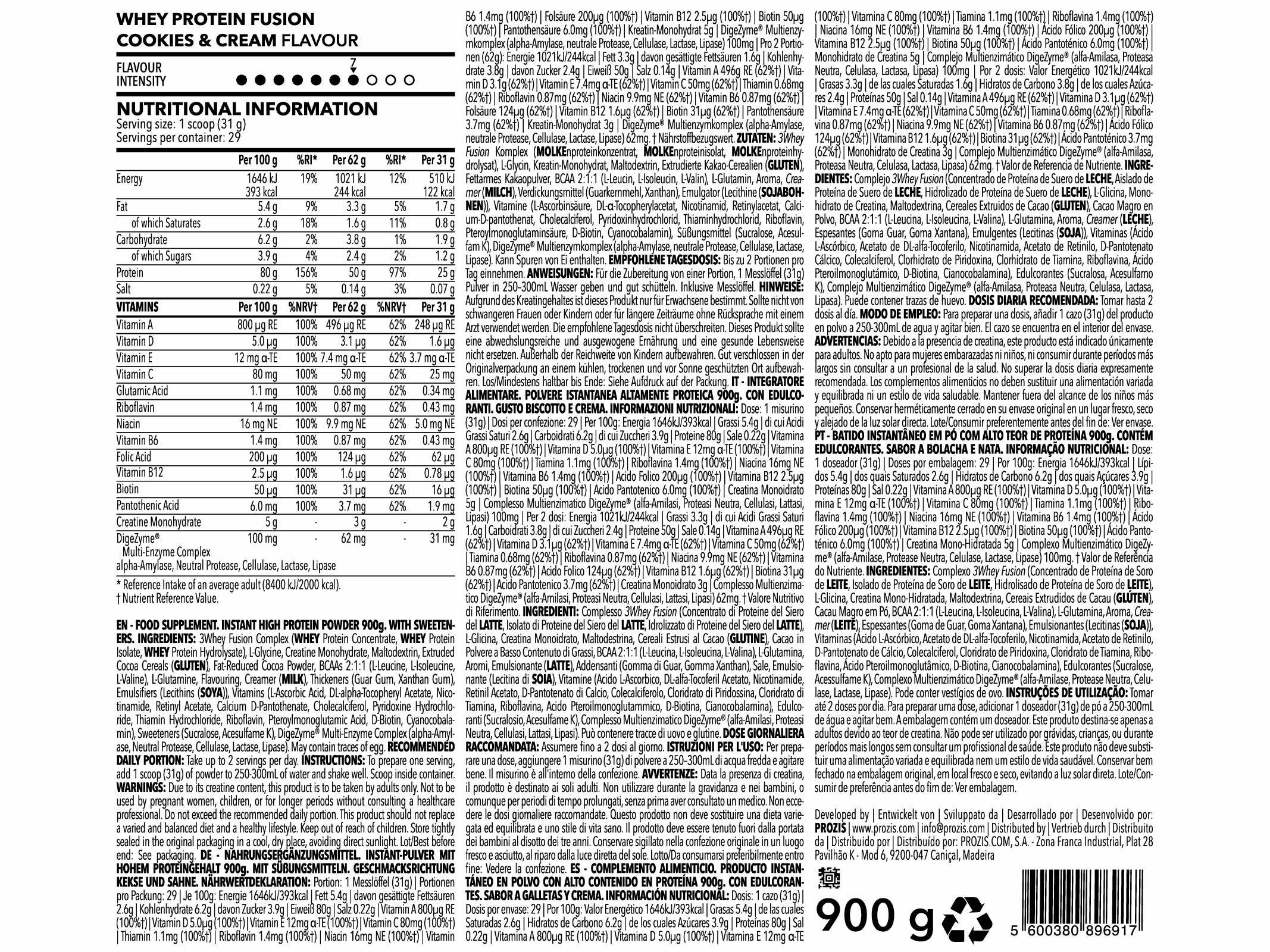PROTEÍNA PROZIS WHEY FUSION COOKIES & CREAM 900G