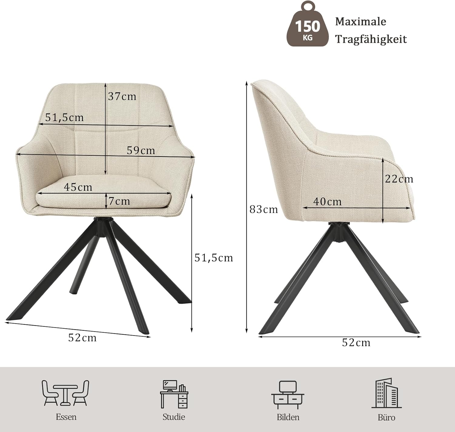 Drehstuhl Esszimmer Beige mit Armlehne, 4er Set drehbarer esszimmerstuhl, Küchenstuhl,Polsterstuhl, aus Polyester, mit Metallbeine für Esszimmer Küche Büro