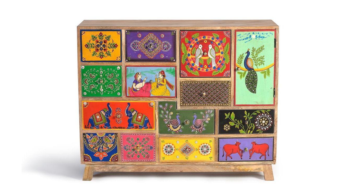 Commode 13 tiroirs bois multicolore 112x35x90cm