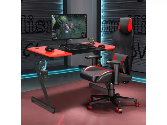 Bureau de Jeu Bureau Gamer Surface en Fibre de Carbone 120 X 60 X 76CM avec Porte-gobelet, Crochet pour Ecouteurs et Supports Audio (Noir et Rouge)